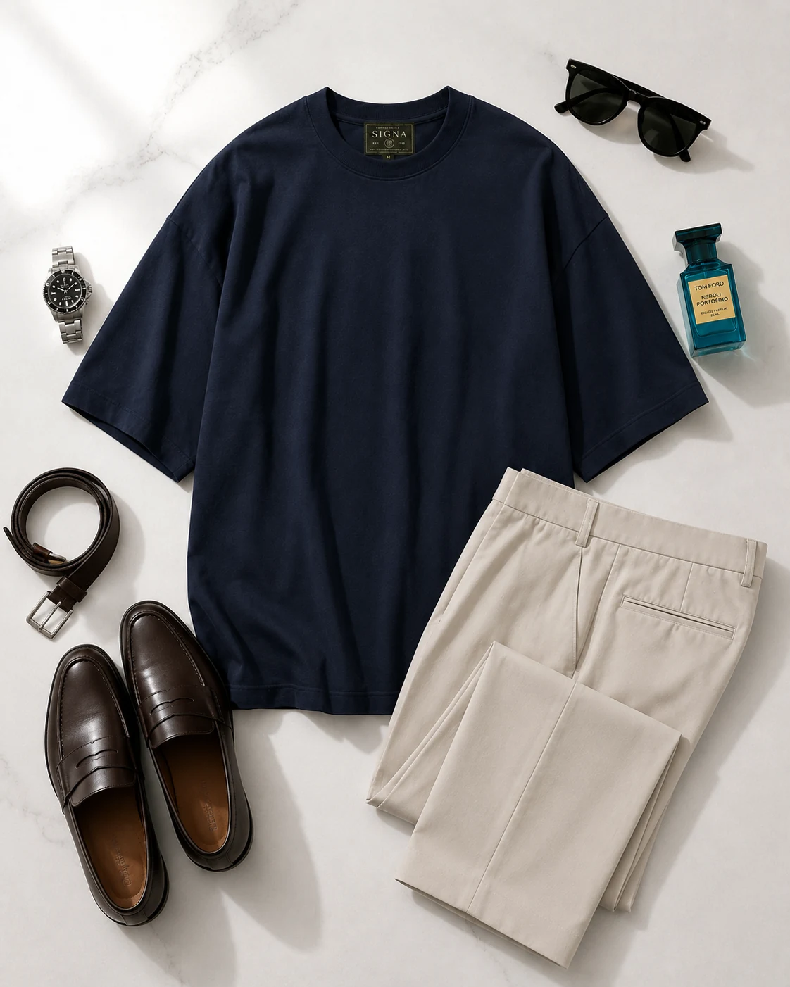 Look Private Dinner com Camiseta 01, alfaiataria clara e mocassim